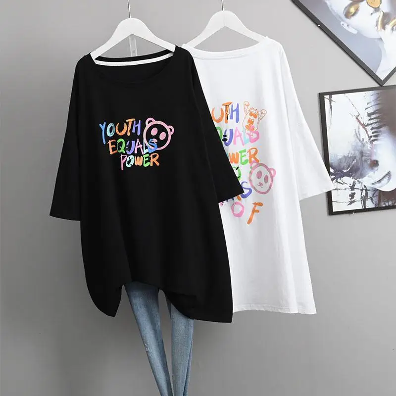 

Женская хлопковая футболка с коротким рукавом, Свободный Топ оверсайз с коротким рукавом и мультяшным принтом, Новинка лета 2022