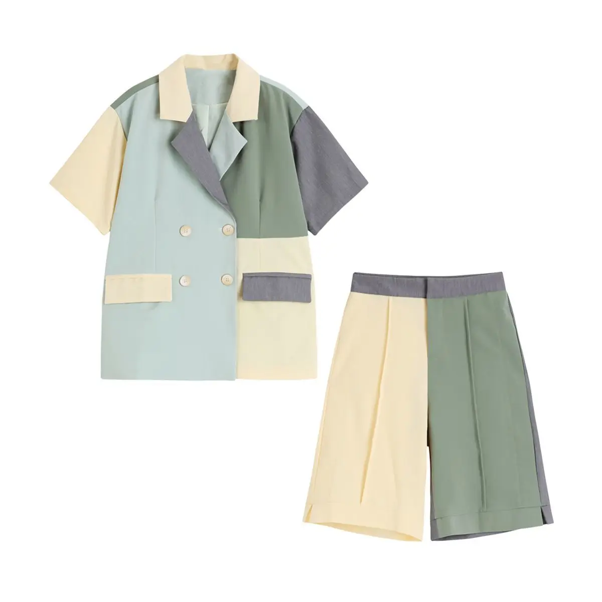

Original Women's Suit Summer Loose FashionWomen Sets Contrast Short Sleeves Set Woman 2 Pieces Chic Casual Shorts High Street