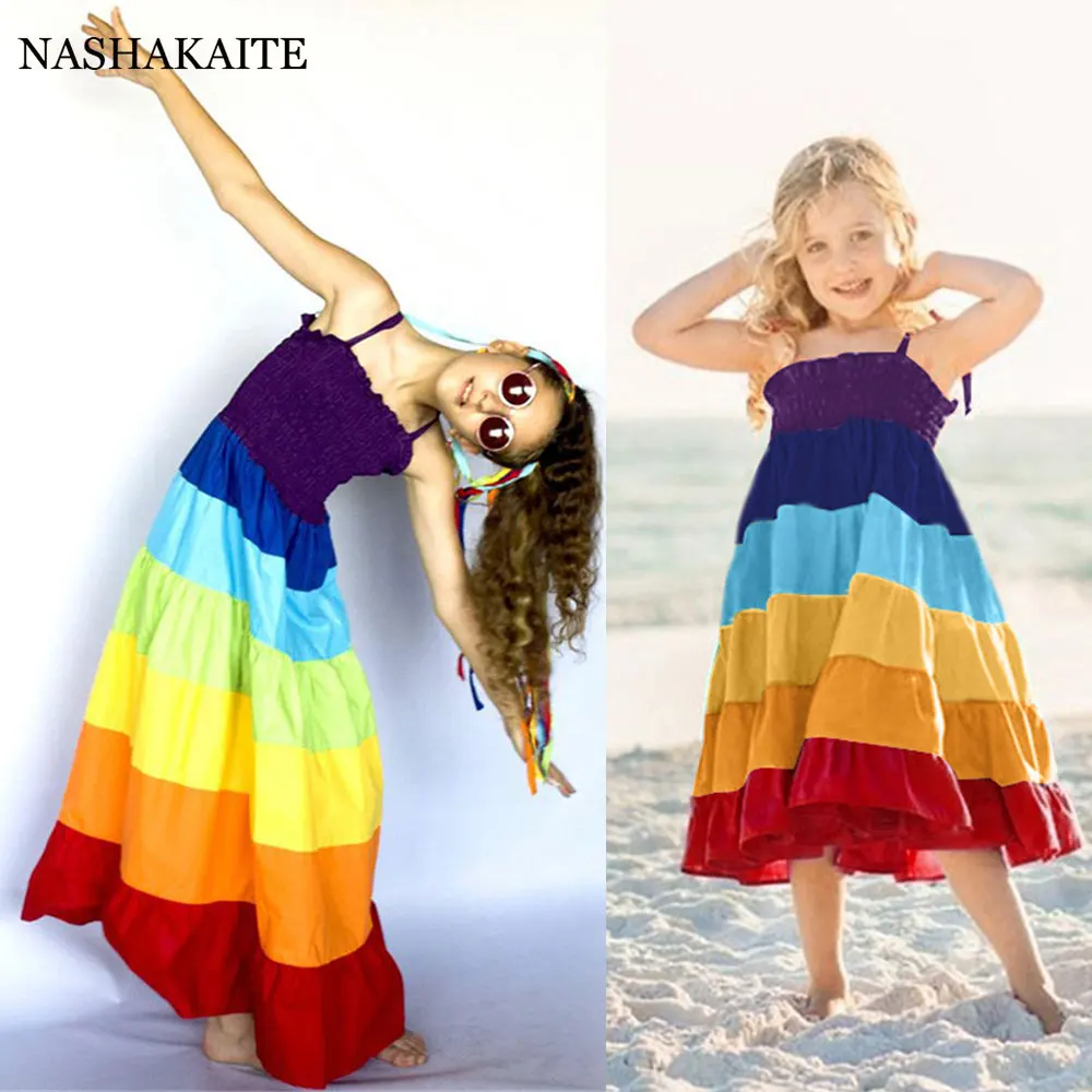 

Summer Family Matching Outfits Dress Mommy And Me Rainbow Stripes MINI Family Costume Princess Dresses Mother Kids Family Look