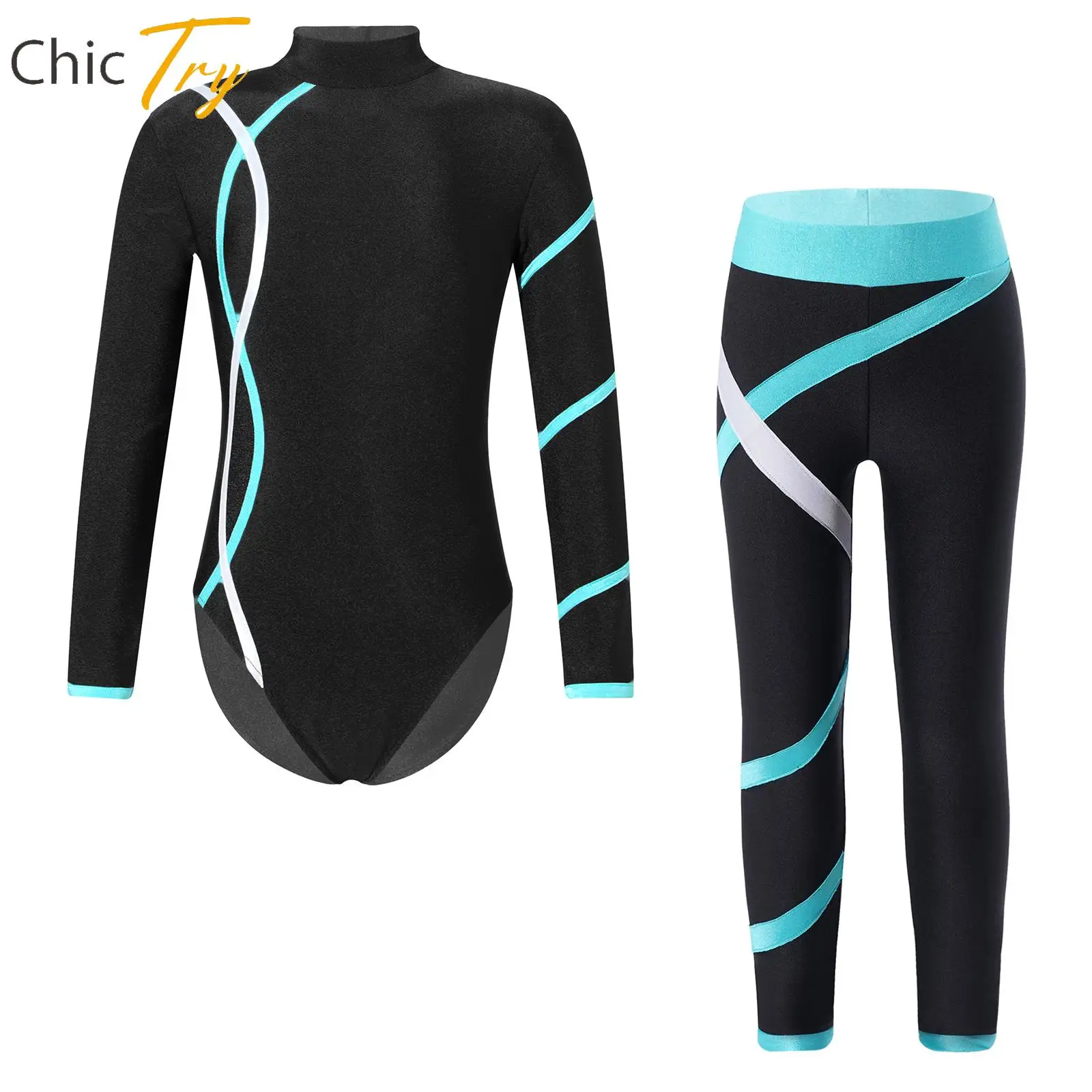 

Girls Gymnastics Leotards with Leggings Set Striped Long Sleeve Ballet Bodysuit Figure Skating Costume Yoga Workout Dancewear