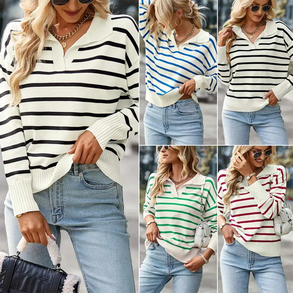 

V Neck Lapel Long Sleeves Loose Fit Women Knitwear Autumn Winter Striped Print Loose Pullover Sweater Female Clothing