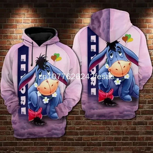 2024 New Disney Cartoon Children's Hoodies 3D Printed Eeyore Pattern Sweatshirt Fashion Street Casual for Men and Women