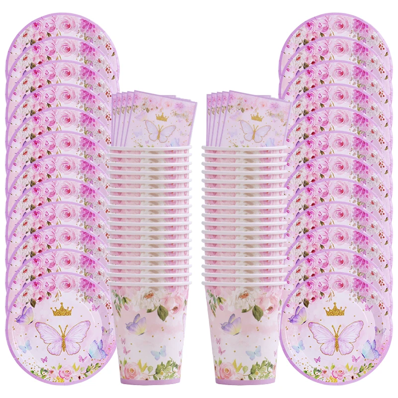 

Pink Butterfly Birthday Disposable Tableware Happy Birthday Party Decorations Girl Baby Shower Decor Birthday Party Supplies