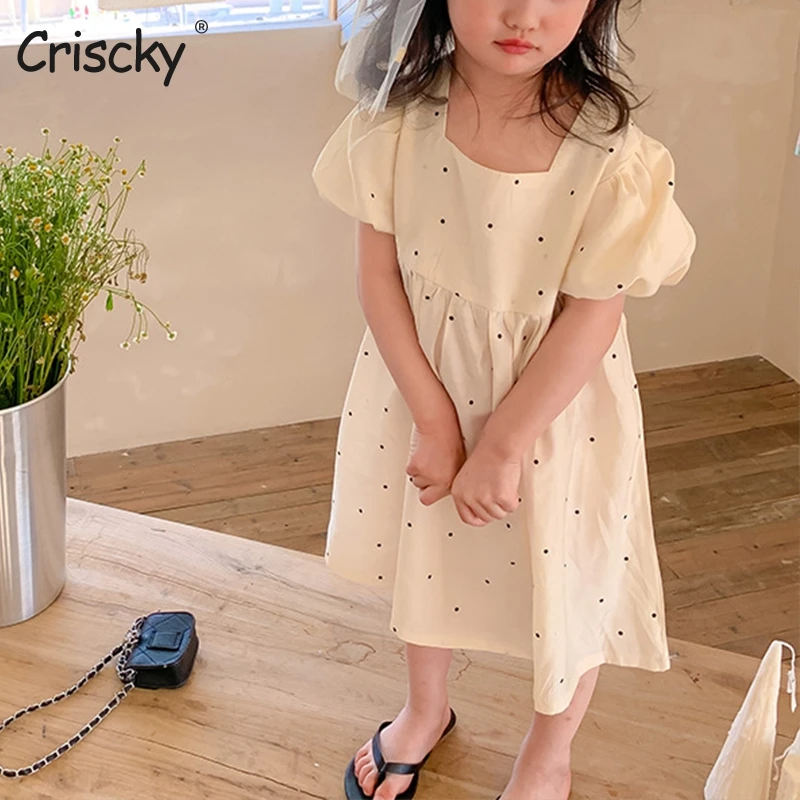 

Модное хлопковое летнее платье для девочек в Корейском стиле Criscky 2022, повседневное детское праздничное платье с круглым вырезом и коротким ...