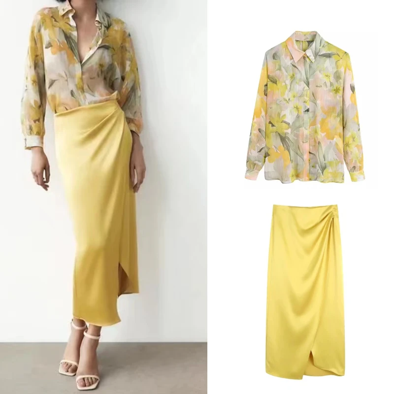 

Za Women Metallic Thread Print Shirt Top Silk Satin Textured Pleated Skirt Casual Loose Blouse Chic Asymmetric Side Split Hem