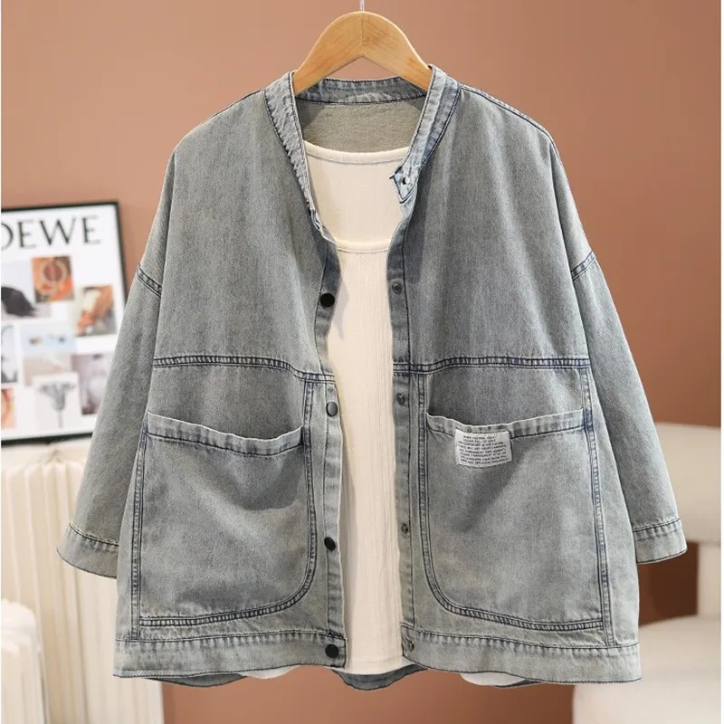 Женская джинсовая куртка с длинным рукавом свободная однобортная хлопковая из