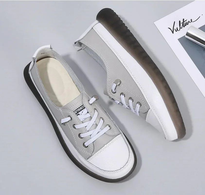 Женские мокасины из натуральной кожи Белые Повседневные туфли на плоской