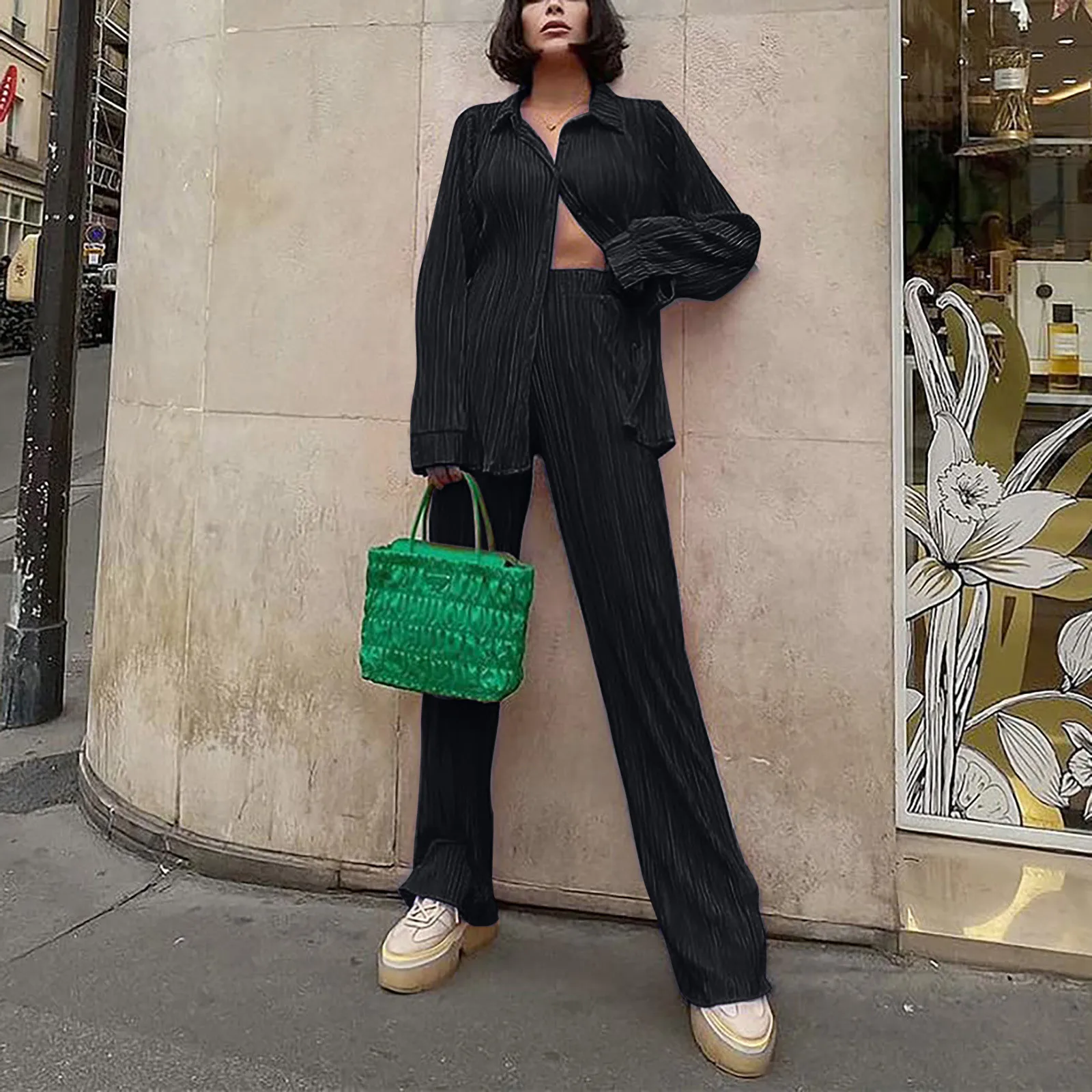 

Elegant Loose Women Shirt Trouser Suits Long Sleeve Lapel Shirts And Elastic High Wasit Pants 2 Pieces Set Fashion Office Outfit