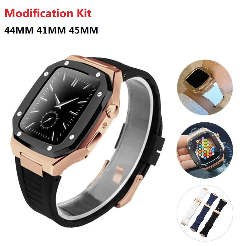 

45mm 41mm Stainless Steel Watch Case Set For Apple Watch Band 40 44mm Rubber Band For iWatch Series 7 6 SE 5 4 Modification Kit