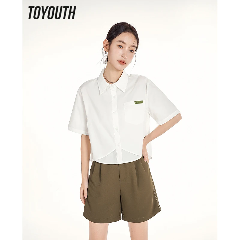 

Toyouth Women Shirts 2023 Summer Short Sleeve Polo Neck Loose Blouse Short front Long Back Design Pure Cotton Casual Chic Tops
