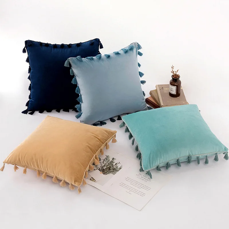 Promotion New Tassel Velvet Sofa Pillow Cover Solid Color Plush Bedside Rectangular Cushion Fringe Pillowcase Vintage Knot |