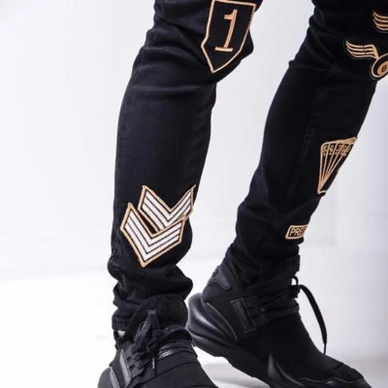 Mens Jeans Trend New Patch Embroidery Elastic Slim Fit Men's Leggings Streetwear Men Denim Jeans Full Length Trousers