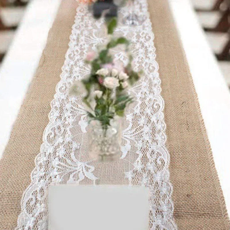 

Vintage White Christmas Lace Jute Linen Hessian Burlap Country Event Party Supplies Wedding Decoration Table Cloth Runner