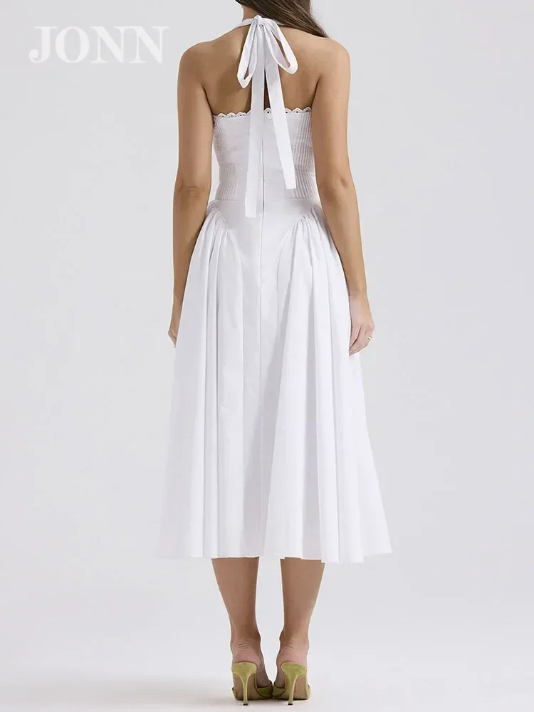 JONN 2024 летнее элегантное белое платье миди без рукавов со шнуровкой на талии для