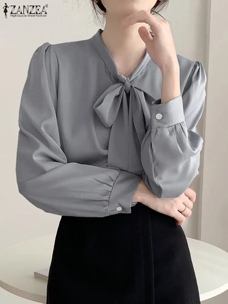 

ZANZEA Stylish Office Lady Tops Elegant Women Long Sleeve Bow Tie Blouse Autumn Lace Up Shirt Female Solid Work Blusas Chemise