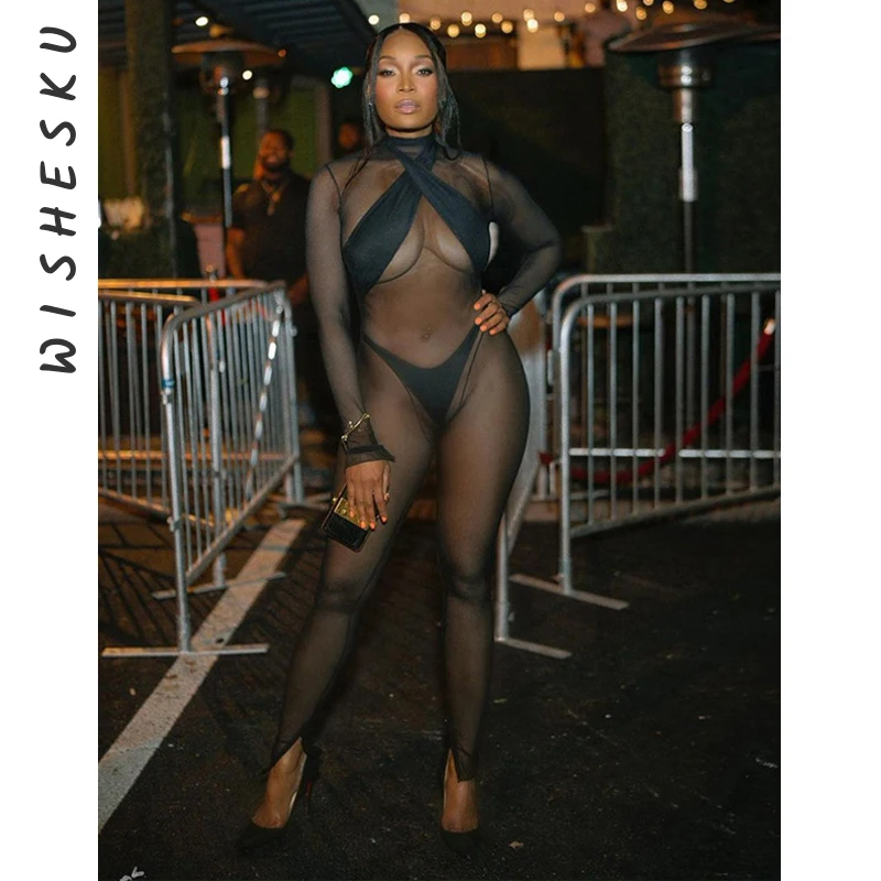 

Sexy Mesh See Through Patchwork Jumpsuits Women Long Sleeve Black Goth Leggings One Piece Rompers 2023Spring Fall Luxury Clothes