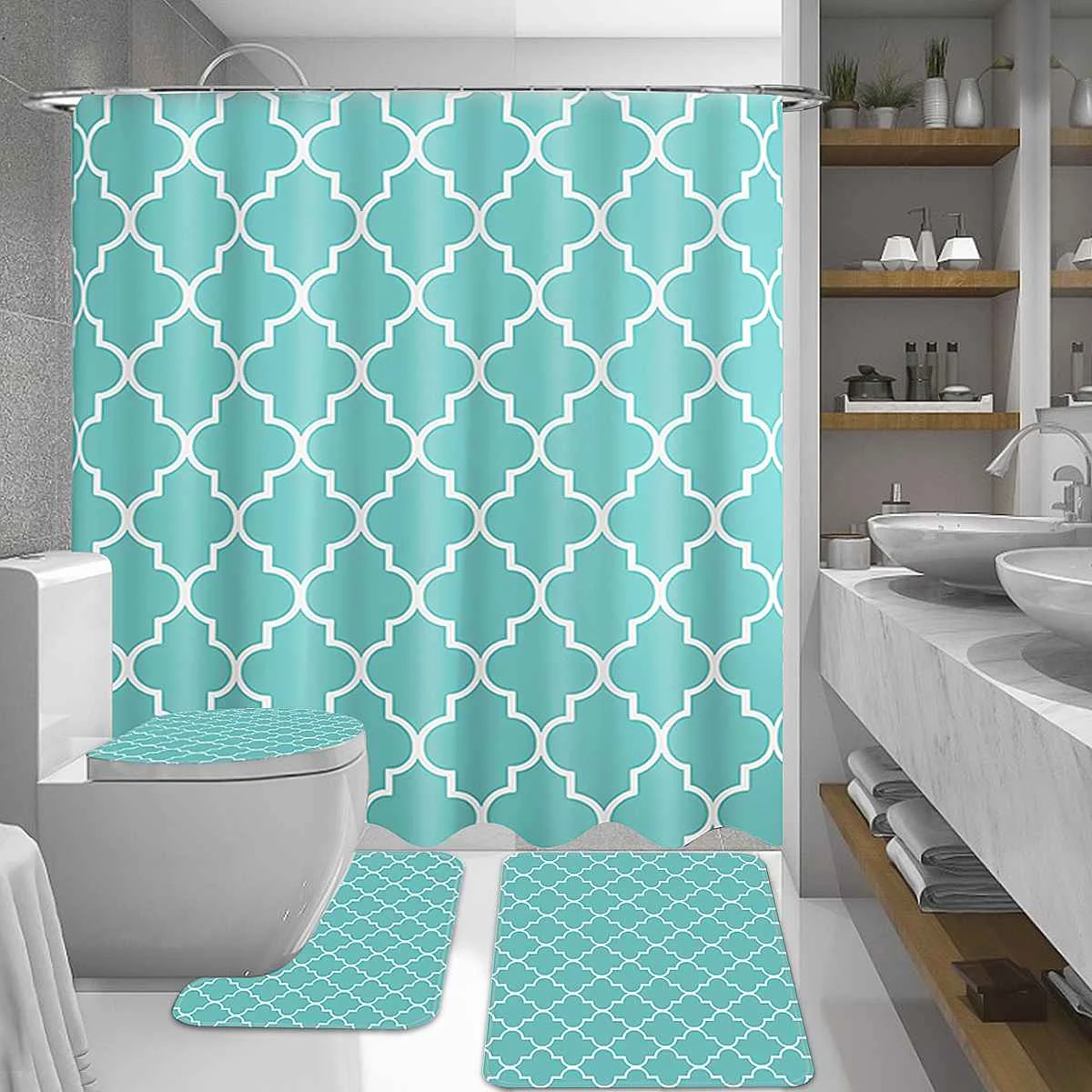 

Luxury Thick PVC Waterproof Shower Curtain Anti-slip Mat Toilet Pad For Bathroom Bathtub Large Bathing Cover with 12 Hooks