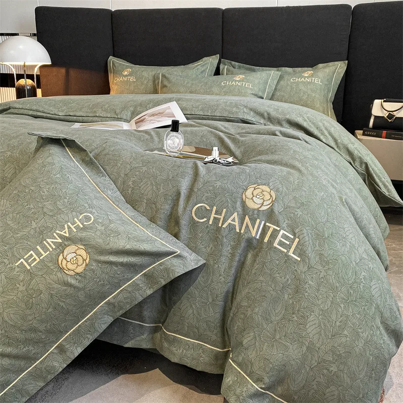 

Light Luxury Embroidery Thickened Matted Four Piece Set of Washable Cotton Three Piece Set of Fitted Sheet Solid Color Bedding
