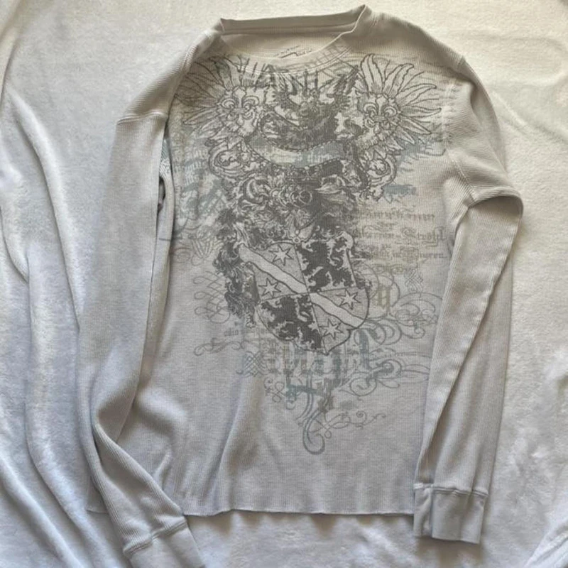 

Mall Goth 2000s ретро пуловеры Топы винтажная графика Y2K свободная футболка шикарная эстетичная Осенняя футболка с длинным рукавом гранж уличная одежда