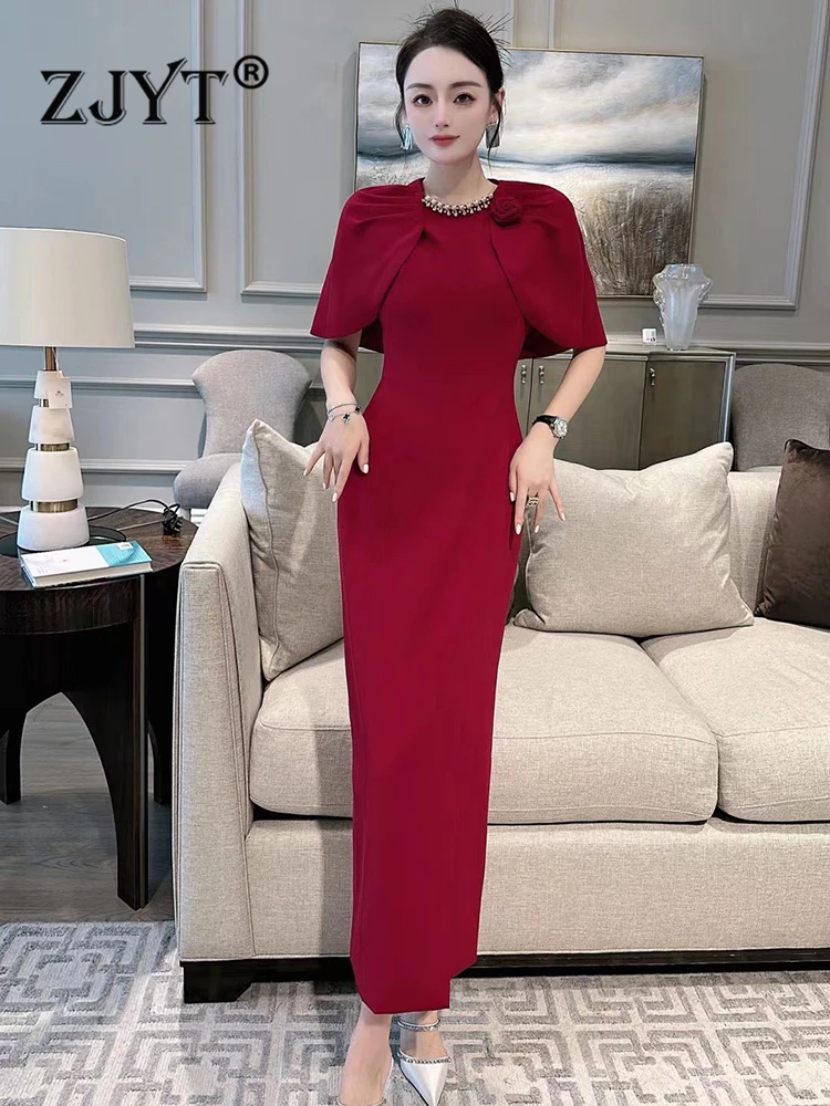 

ZJYT Elegant Luxury Long Wedding Party Special Events Dress for Women 2023 Cloak Sleeve Plus Size Vestido Fiesta Formal Occasion
