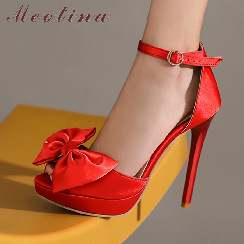 

Meotina Women Ankle Strap Shoes Peep Toe Thin Heel Bow Sandals Super High Heels Buckle Ladies Footwear 2022 Summer Two-Peice Red
