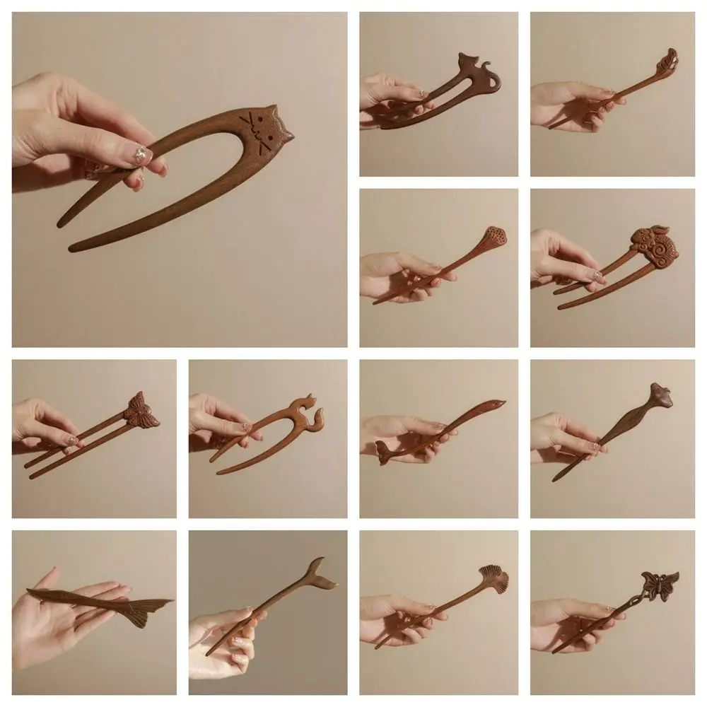 Изысканная деревянная палочка для волос с изображением кота и животных заколка в