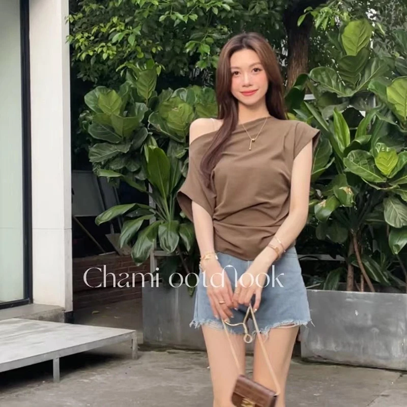 Корейские новые женские футболки элегантные повседневные со складками и