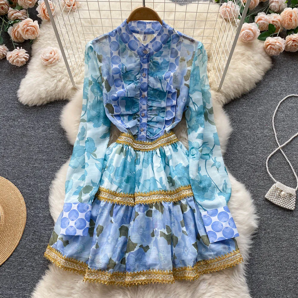 

Dresses 2022 Spring New Palace Long Sleeved Printed Waist Foreign Style, Beautiful A-line