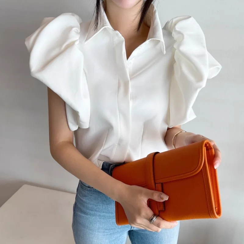 

Hikigawa 2023 Solid Chic Korean Fashion Blouse Turn Down Collar Shirts All Match Short Sleeve Tops Elegant Blusas Mujer De Moda
