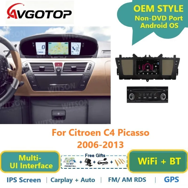 Фото Автомобильная магнитола AVGOTOP на Android для Citroen C4 Picasso 2006-2013 с GPS, Wi-Fi, аудиосистемой, поддержкой Carplay, стереосистемой и мультимедиа. №1