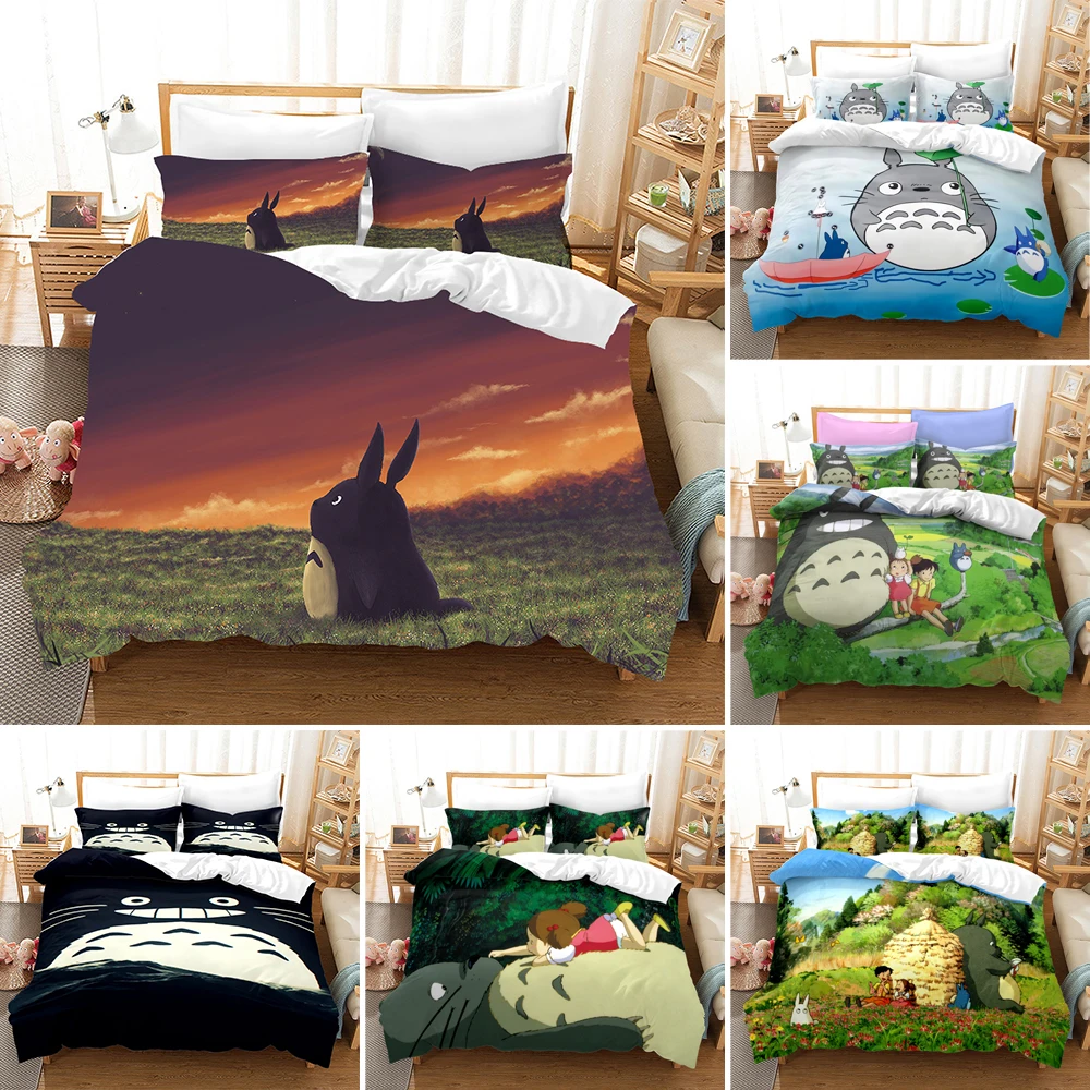 

3d Cute Cartoon Totoro Pattern Bedding Set 2/3pcs Full Queen King Size Anime Microfiber Quilt Cover For Boys Girls Bedroom Decor
