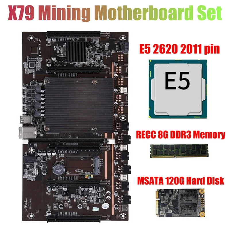 

X79 H61 BTC Mining Motherboard with E5-2620 2011 CPU+RECC 8G DDR3 Memory+120G SSD Support 3060 3080 Graphics Card