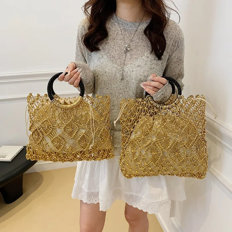 Фото Плетеная соломенная женская сумка на плечо ручной работы, пляжная сумка в стиле бохо, кошелек через плечо, летняя большая сумка для женщин, модный кошелек-клатч из ротанга №2