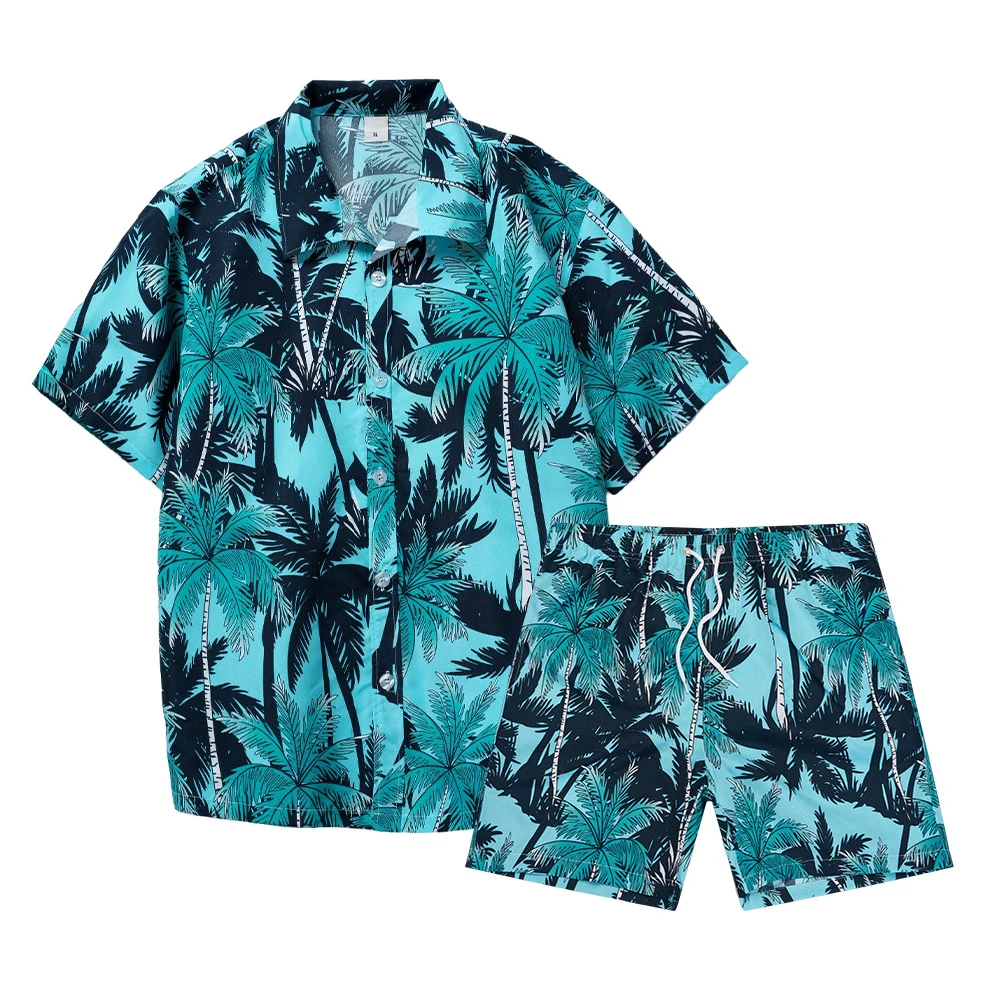 Men's Beach Vacation Casual Short-sleeved Shorts Suit Coconut Tree Print Hawaiian Lapel Floral Shirt Two-piece Set Summer