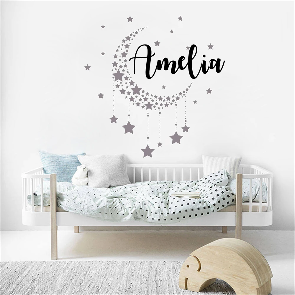 

Moon And Stars Wall Decals Custom Name Stickers Removable Vinyl Murals For Nursery Baby Girl Bedroom Decoration Poster HJ1637