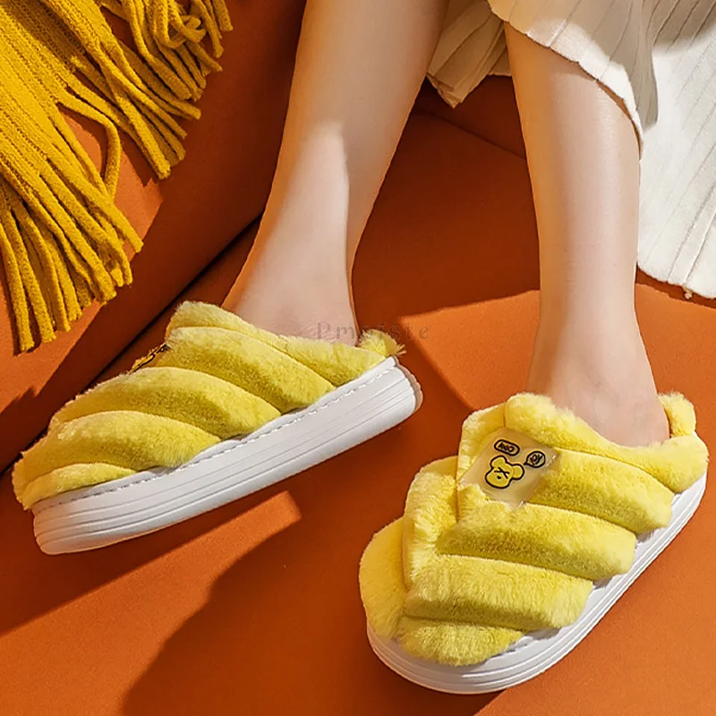 Furry Thick Sole House Slippers for Women Cute Insect Home Slippers Winter Female Platform Shoes with Fur Casual Unisex Slipper