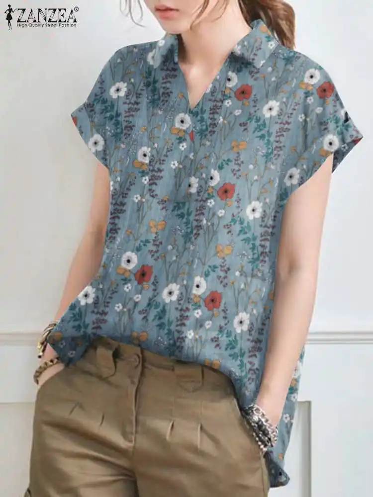 

2022 ZANZEA Casual Bohemian Shirt Vintage Lapel Neck Short Sleeve Printed Blouse Summer Women Tops Oversize Work Blusas Chemise