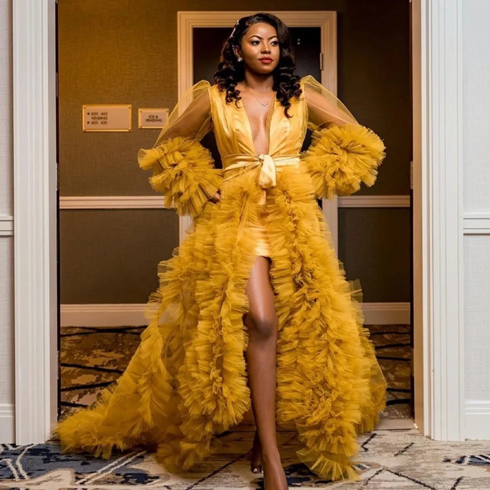 

Gold Yellow Ruffled Tulle Prom Dress Maternity Robes for Photo Shoot Sheer Maternity Women Dresses Babyshower Gowns Custom Made