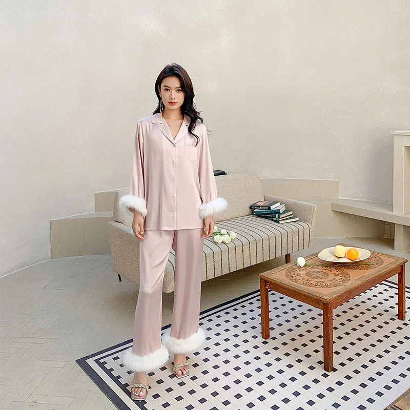 Light luxury pajamas, women's spring and summer feather stitching, high-end satin chiffon thin home clothing