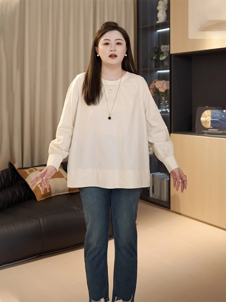 Chubby Jiajia Plus size women clothing Korean Series Shoulder Round Neck Long sleeve Shirts Female Autumn Girl Loose S...