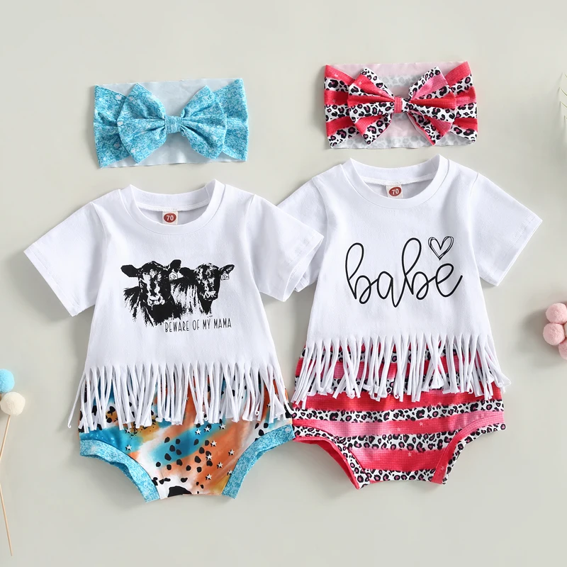 

2023-04-11 Lioraitiin 0-24M Infant Baby Girls 3Pcs Western Cowbory Outfit Short Sleeve Letter/Cattle Head Print Tops PP Shorts