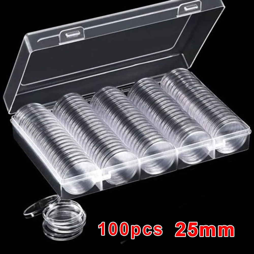 

100Pcs 25mm Plastics Transparent Round Coin Capsules Container Protect Coin For Coin Collection Supplies HomeStorage Box