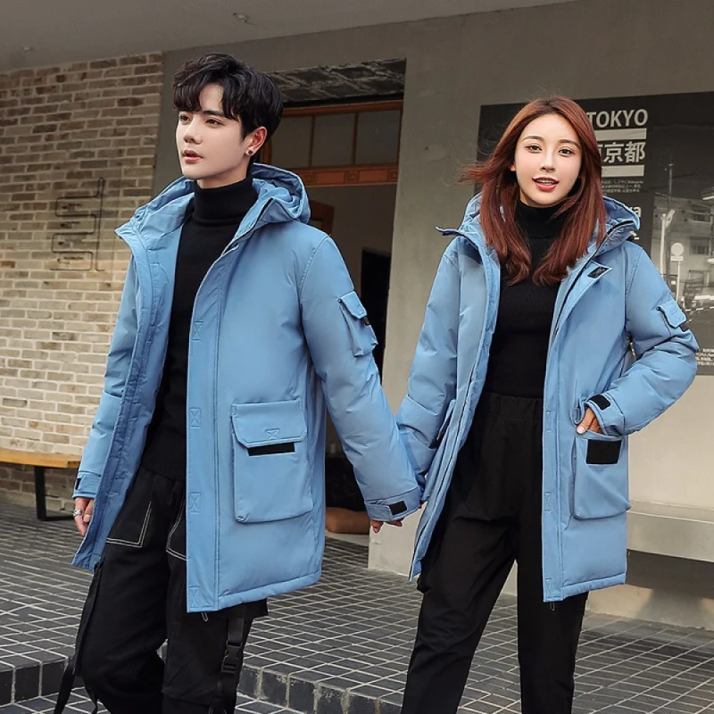 

Рабочая одежда, пуховик, мужской однотонный пуховик средней длины для мужчин и женщин, парный пуховик с капюшоном из 2021 белого утиного пуха