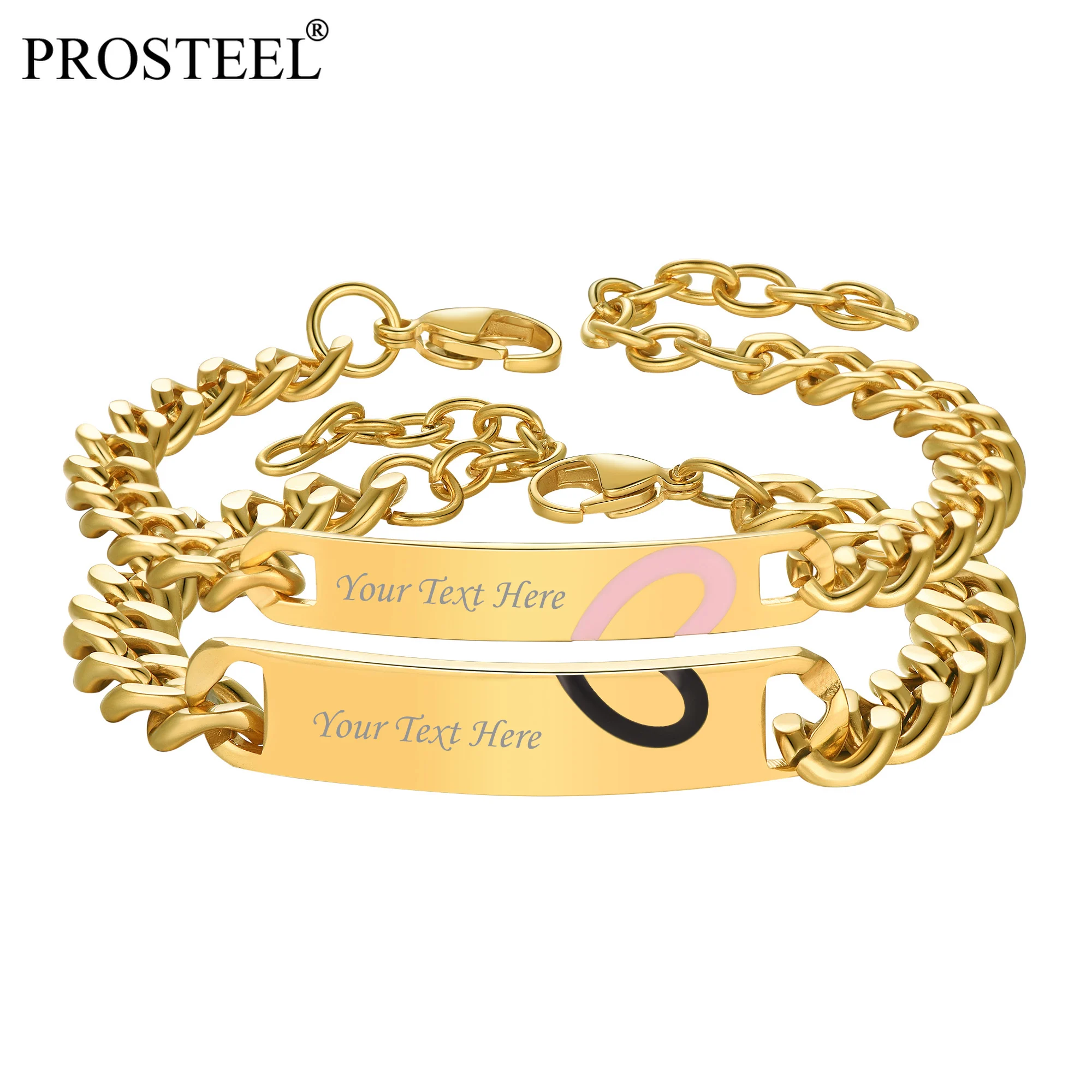 PROSTEEL-pulsera de acero inoxidable con nombre personalizado para hombre y mujer, brazalete con identificación, grabado gratis, color dorado/plateado