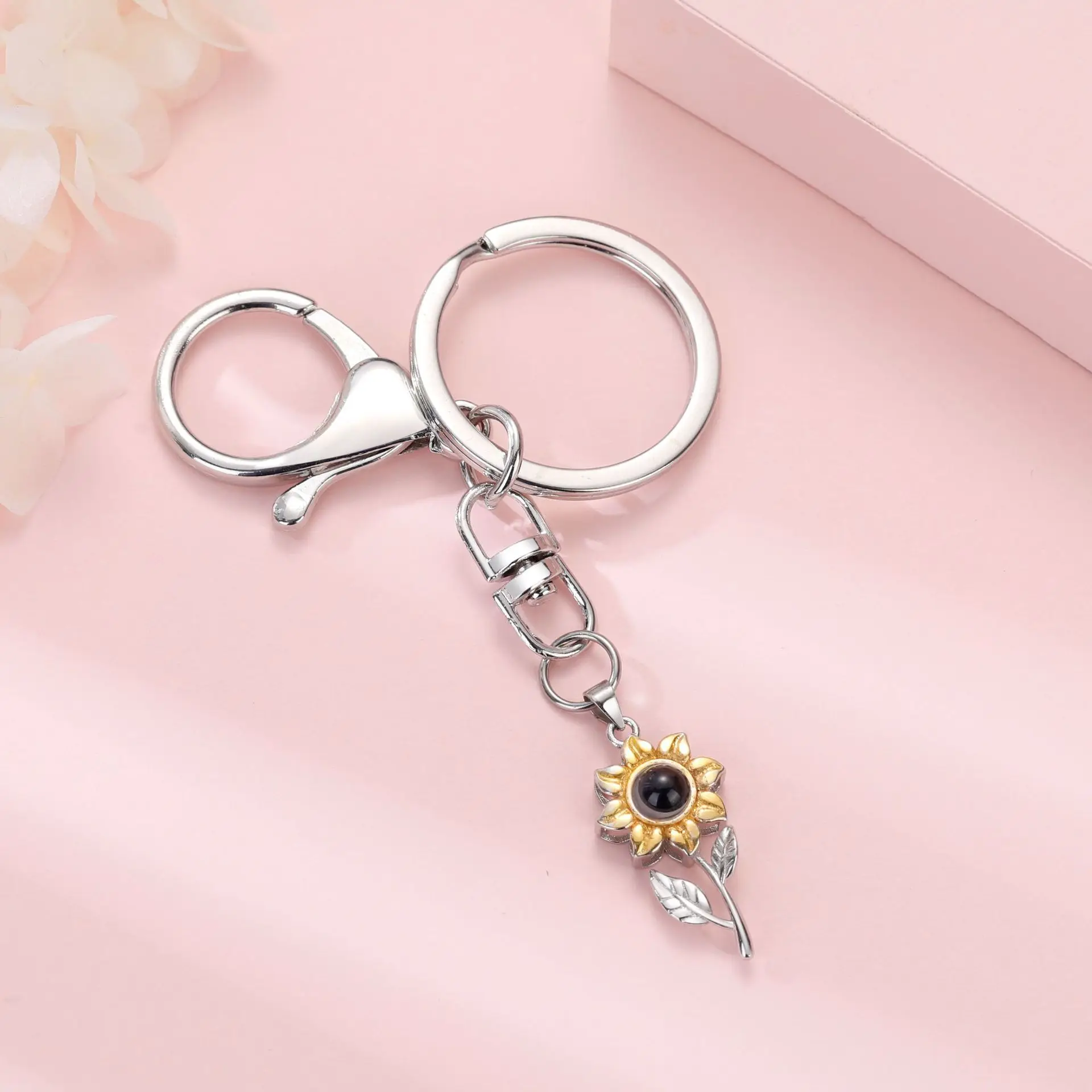 HIBODY Picture Custom Sunflower Stainless Steel Projection Keychain Personalized Colorful Photo Custom Mother's Day Gift