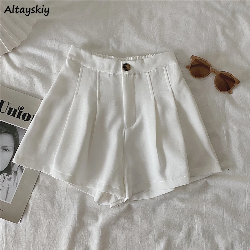 

Summer Solid Casual A-line Shorts Women High Waist Wide Leg Loose Folds Daily Office Ladies Simple Button Pocket Streetwear Chic