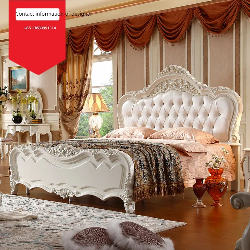 

2020 new design leather bed 150cm or 180cm wood frame with resin carve flower