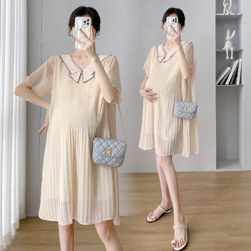 

New 209# Summer Fashion Pleated Chiffon Maternity Dress Sweet Loose Straight Clothes for Pregnant Women OL Work Formal Pregnancy