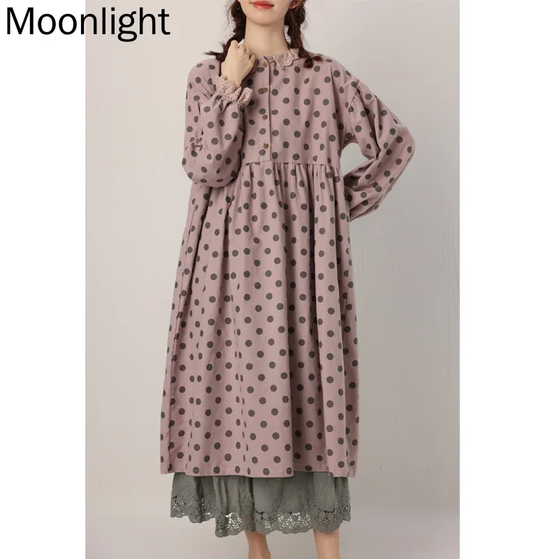 

Mori Girl Long Sleeve Dresses Women Japan Kawaii Polka Dot Print Button Casual Loose Dress Sweet Doll Collar Female Vestidos