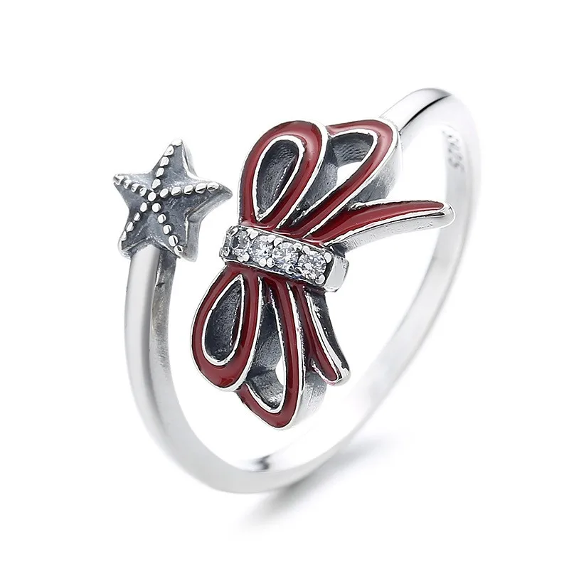 

816JZFSILVER Silver 925 Fashion Adjustable Luxury Creative Retro Diamond-set Star Glue Double Bowknot Ring Women Wedding Jewelry